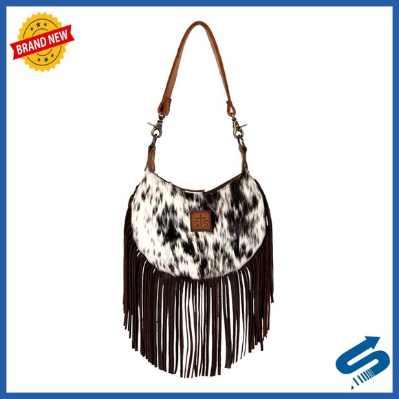 Genuine Leather Top Handle Bag with Removable Strap Fringe Detail